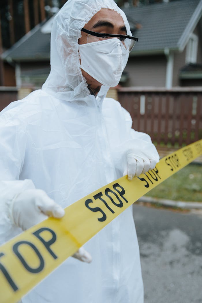 Person wearing PPE and face mask holding caution tape outdoors, ensuring safety.