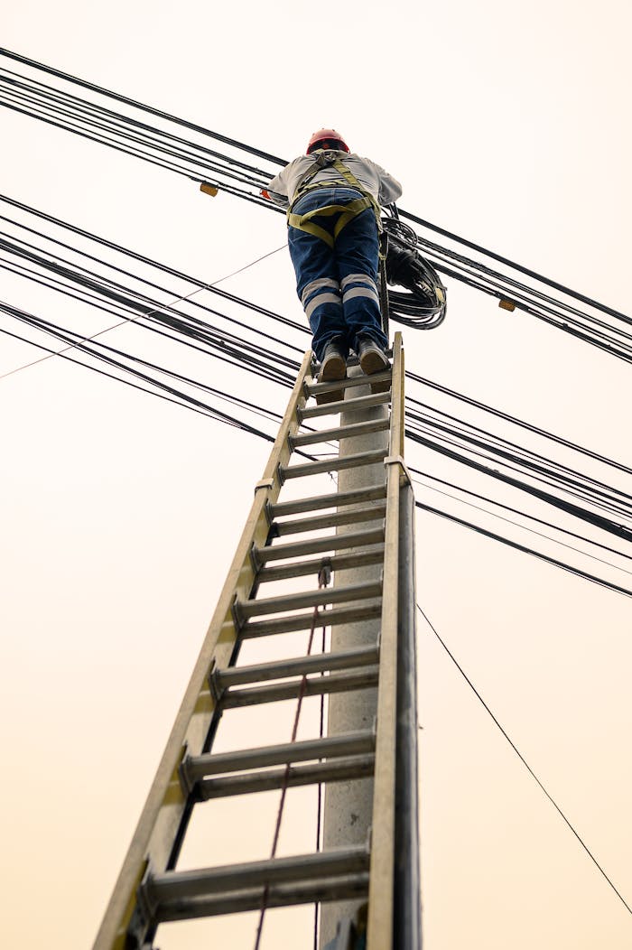 A technician climbs a ladder to repair power lines. Minimalist composition with a clear sky.