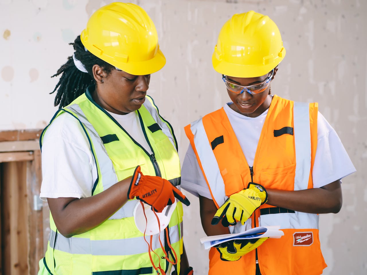 Two engineers in safety gear review construction plans, showcasing teamwork and safety.